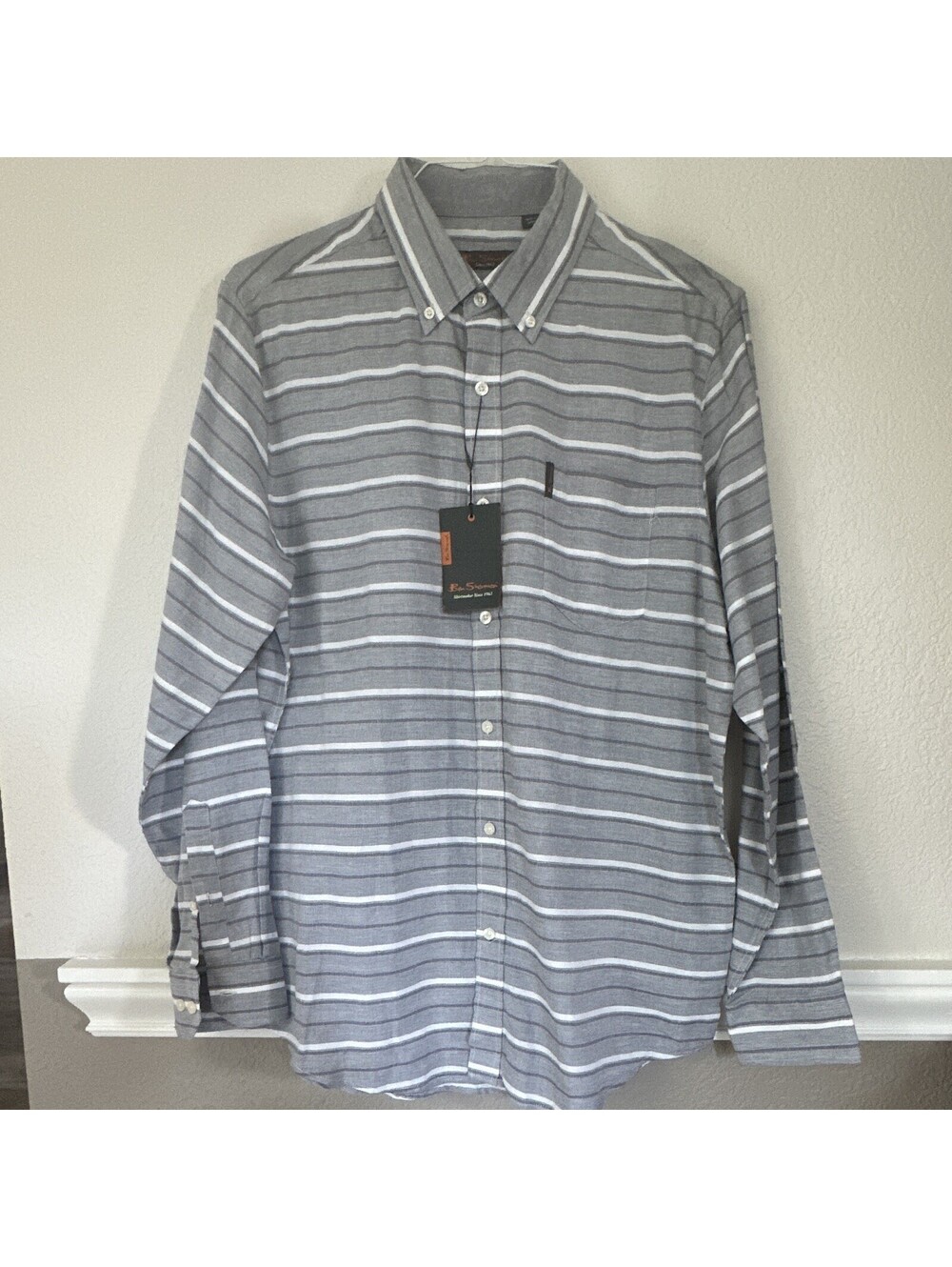 Ben Sherman Men L Cotton Gray White Striped Long Sleeve Button-Down Pockets NWT